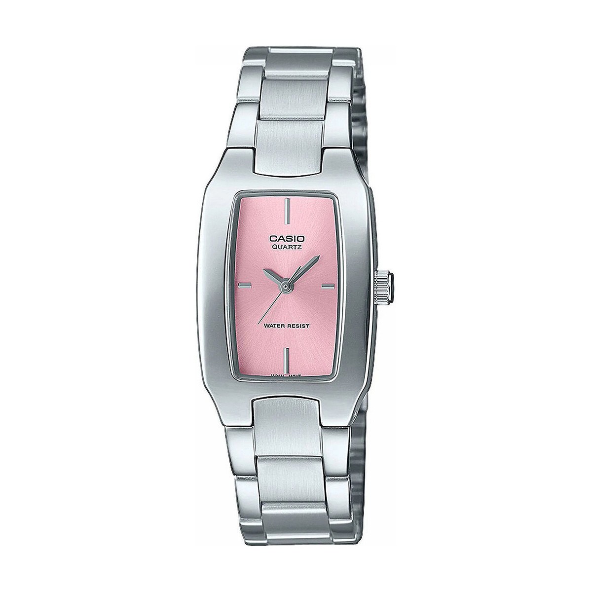 Casio quartz wristwatch with a pink rectangular dial and silver metal bracelet, water resistant design