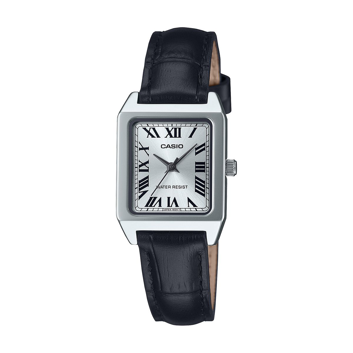 Casio rectangular silver wristwatch with Roman numeral dial and black leather strap
