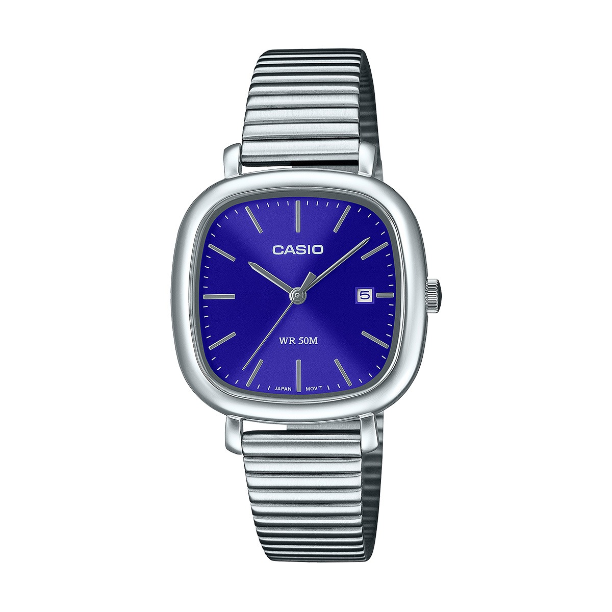 Casio wristwatch with a cobalt blue face, silver case, and a metal stretch band; date window at 3 o'clock.