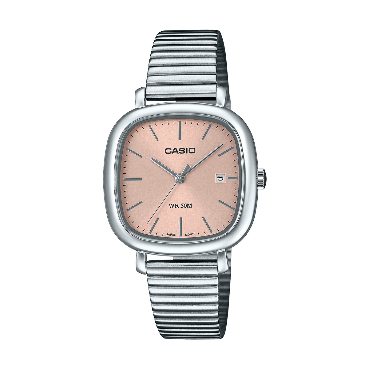 Casio analog watch with a pink dial, silver case, date window at 3 o'clock, and a metal band.