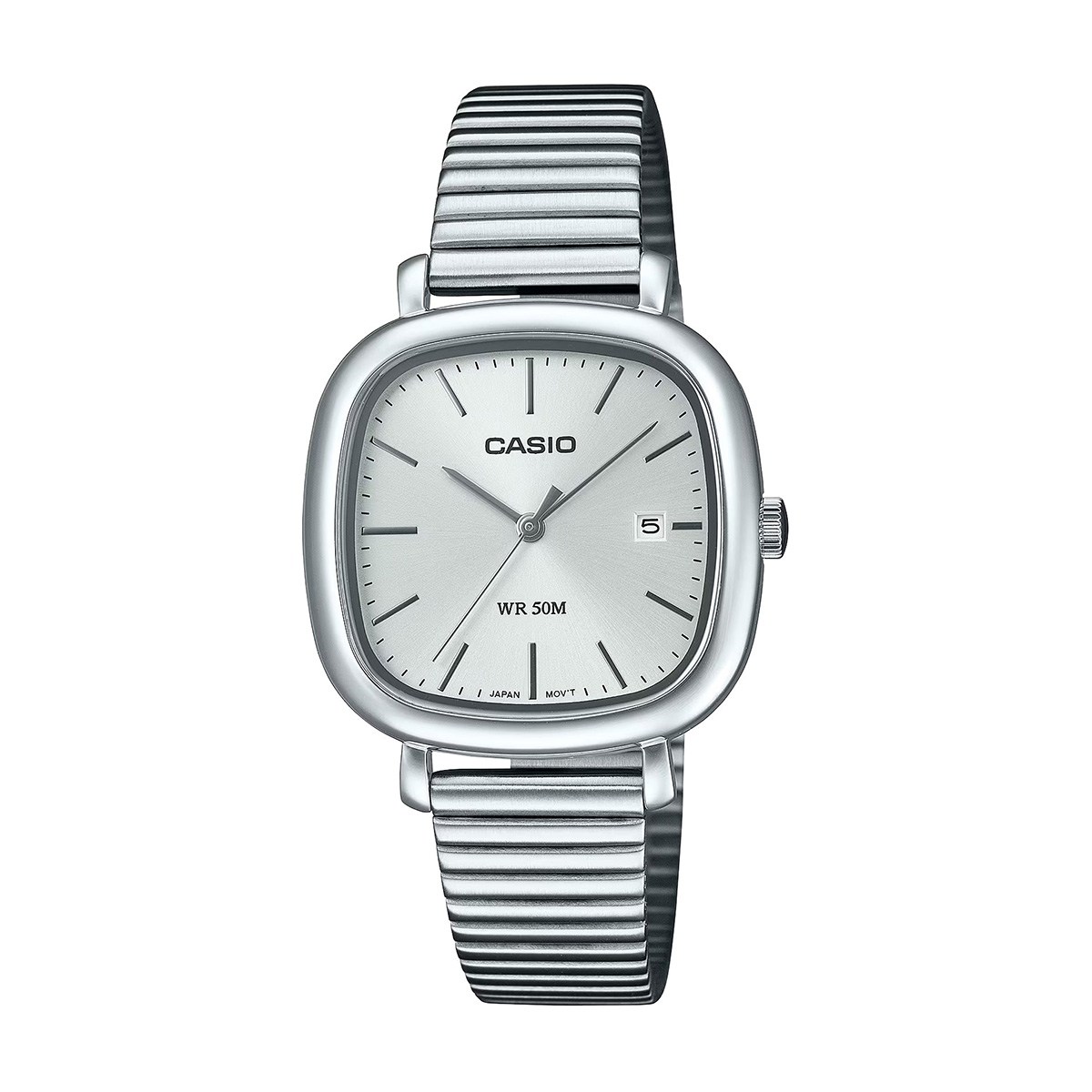 Casio silver wristwatch with a rounded-square case and metal expansion band, showing date at 3 o'clock (WR 50M).