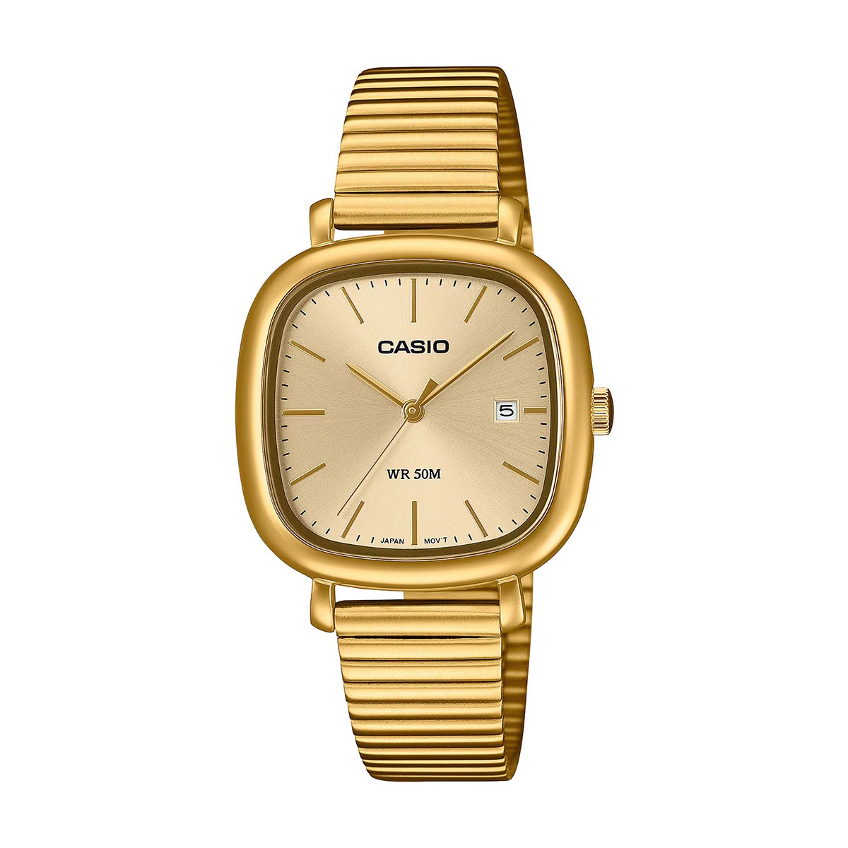 Gold Casio wristwatch with a rounded-square face and matching metal band, showing a date window at 3 o'clock and simple gold markers.