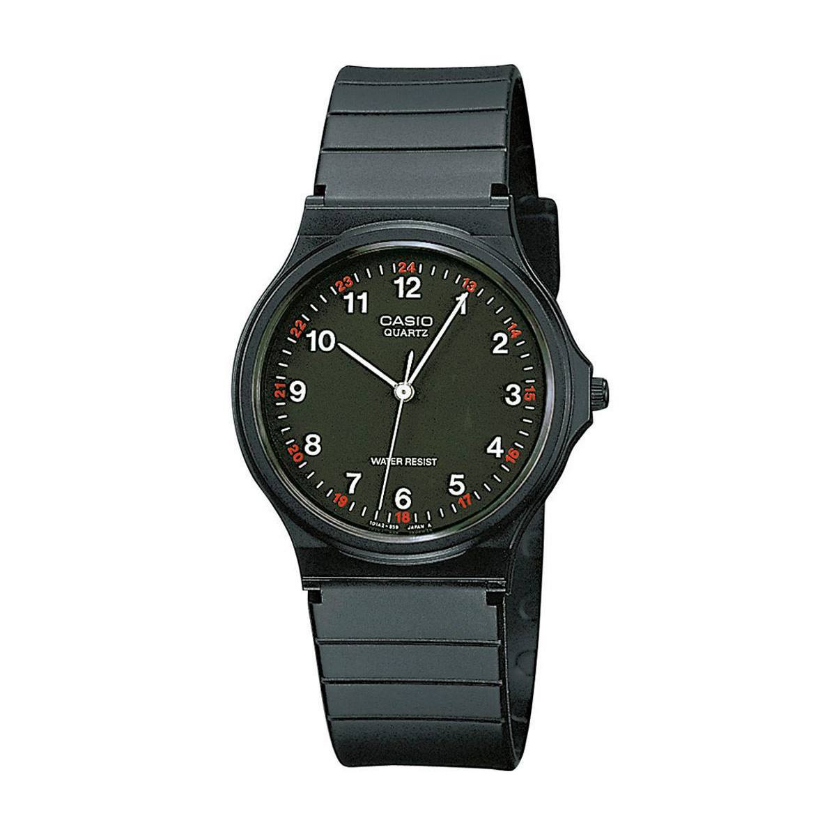 Casio quartz black wristwatch with a dark dial, white hour numbers, red 24-hour markers, and a black band; water resistant noted on the dial
