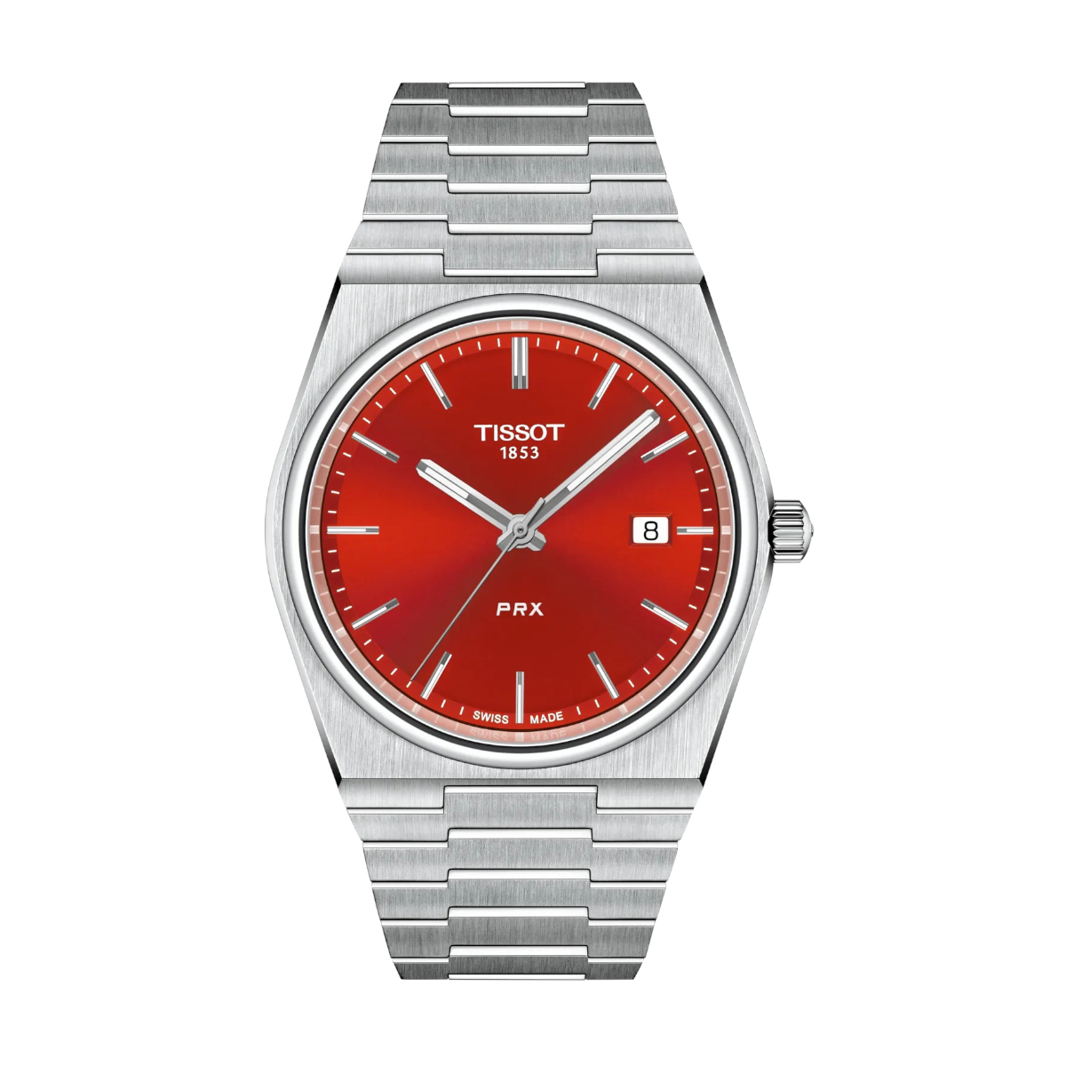 Tissot PRX stainless steel watch with a red dial and date window at 3 o'clock