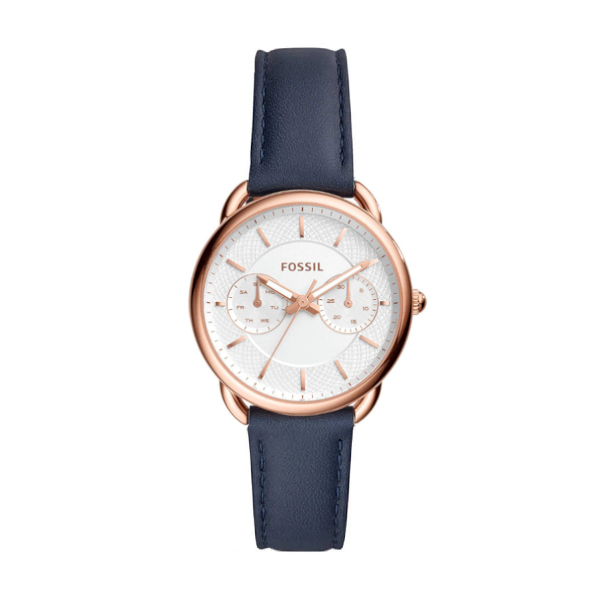 Rose-gold Fossil wristwatch with a white dial and navy leather strap.
