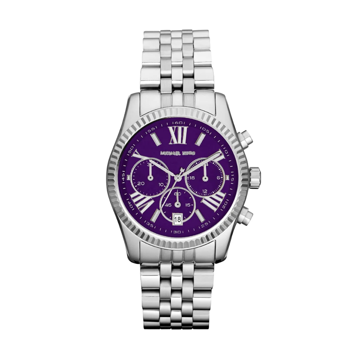 Silver Michael Kors wristwatch with a purple dial, chronograph subdials, and a metal link bracelet.