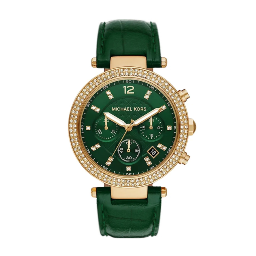 Green Michael Kors chronograph watch with a crystal-studded gold bezel and green leather strap.