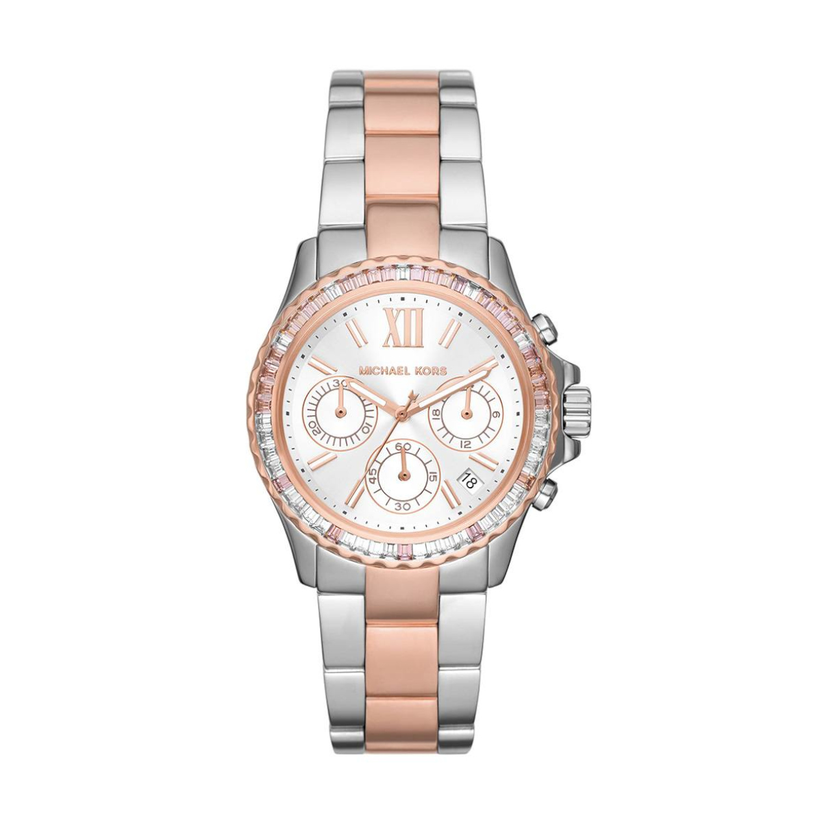 Two-tone Michael Kors wristwatch with rose-gold center links and crystal-bezel on a silver bracelet, white dial with subdials.