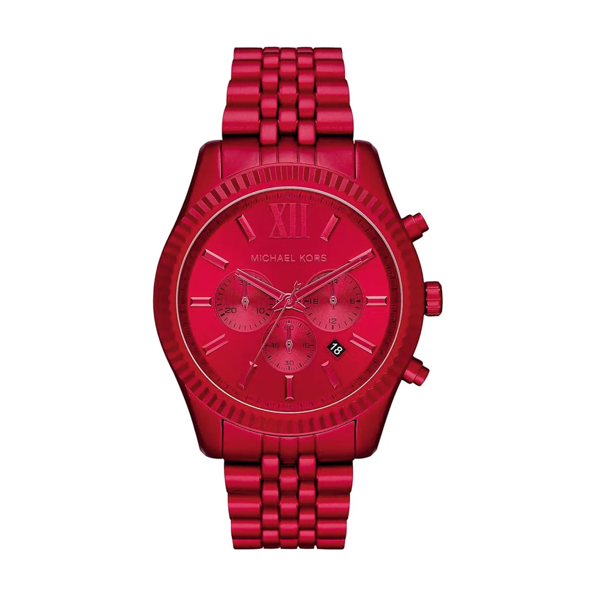 Red Michael Kors chronograph wristwatch with a red metal bracelet and date window showing 18.