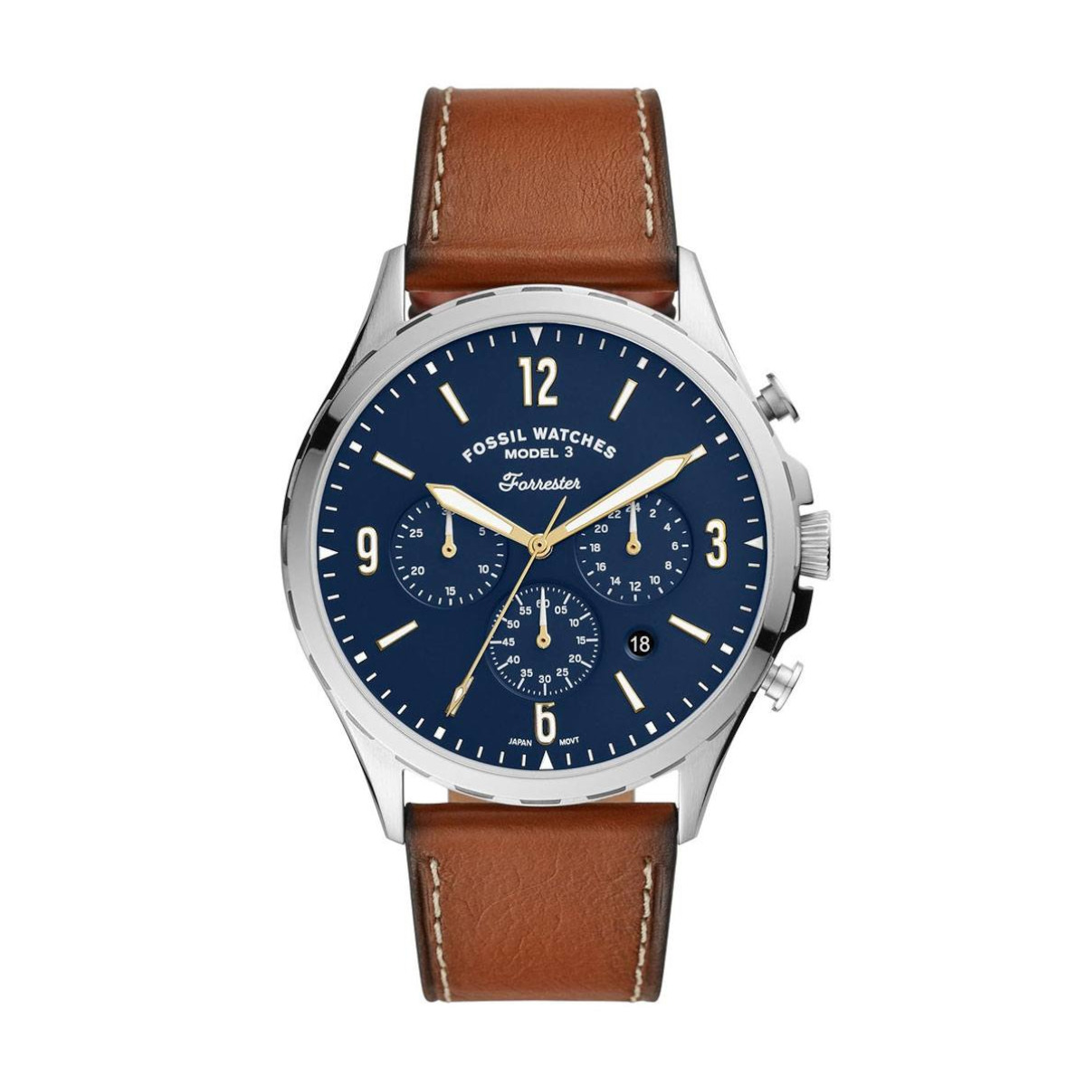 Fossil wristwatch with a blue dial, silver case, and brown leather strap.