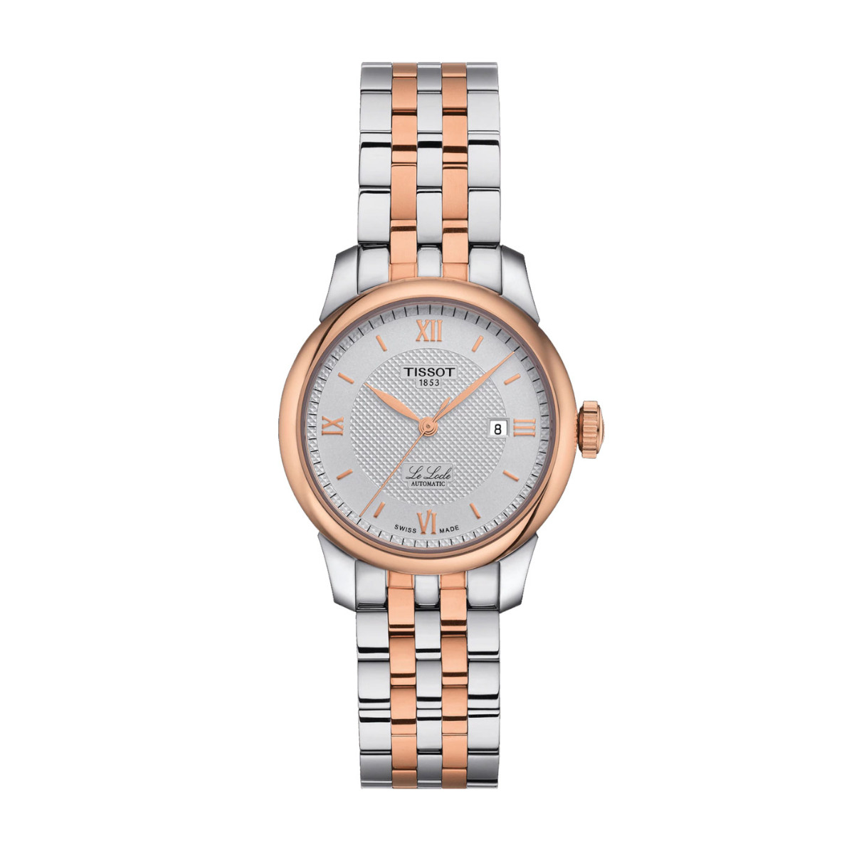 Two-tone stainless steel watch with rose gold bezel and bracelet, silver dial, Roman numerals, and date display (Tissot Le Loc automatic).