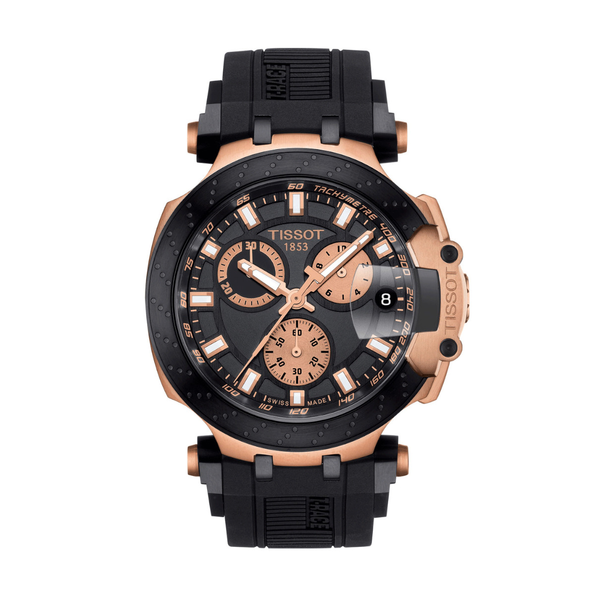 Rose gold-tone Tissot chronograph watch with black dial, black strap, and multiple subdials showing date window at 3 o'clock.