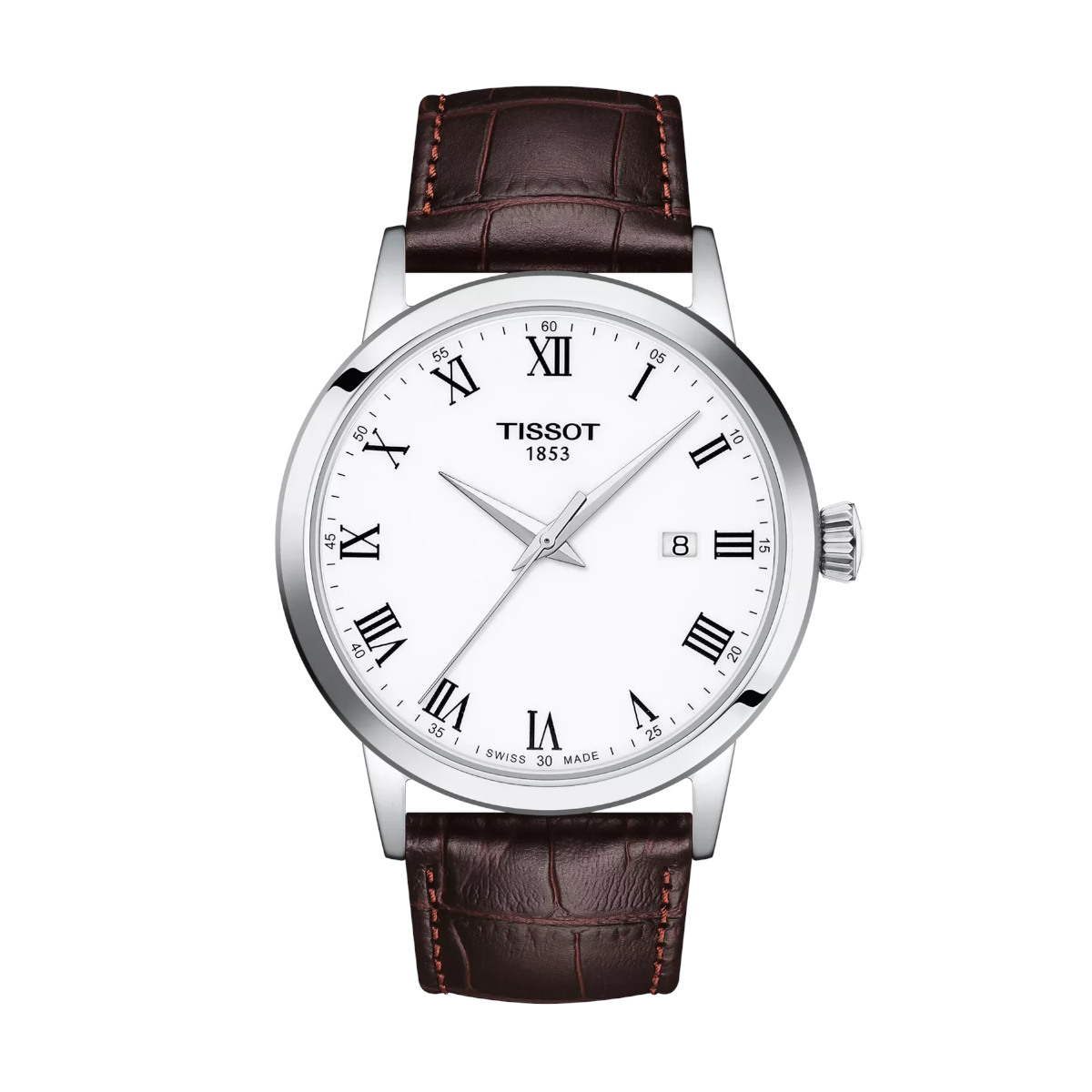 Tissot wristwatch with a white dial, Roman numerals, and brown leather strap